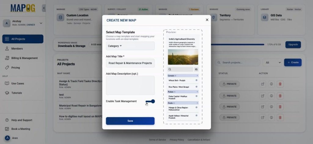 Track Task Progress project setup interface with task management enabled