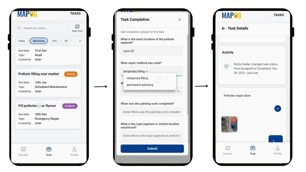 Track Task Progress contributor app showing task updates and images