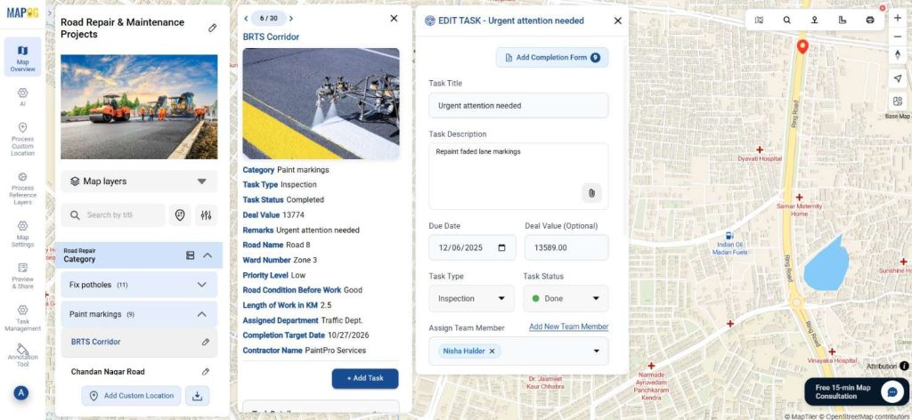 Track Task Progress dashboard displaying completed and pending road maintenance tasks on a map