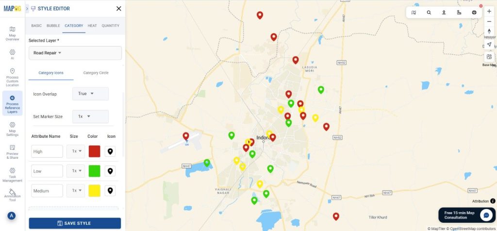 Track Task Progress map styled with priority-based color layers