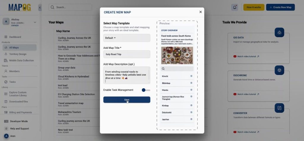 Turning Your Trip Plan project setup interface with title and cover image