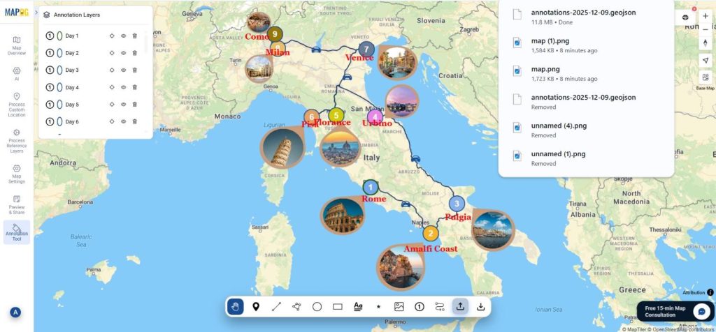 Turning Your Trip Plan with labels and export options visible