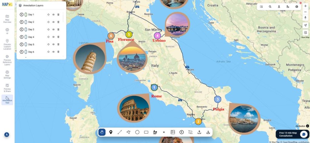 Turning Your Trip Plan into a Smart Travel Map with added Routes, Images & Days
