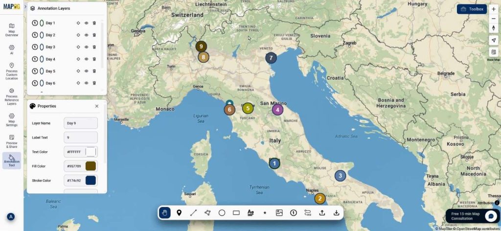 Turning Your Trip Plan organized by day-wise colored layers
