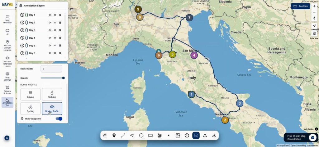 Turning Your Trip Plan showing connected routes with drive mode symbols