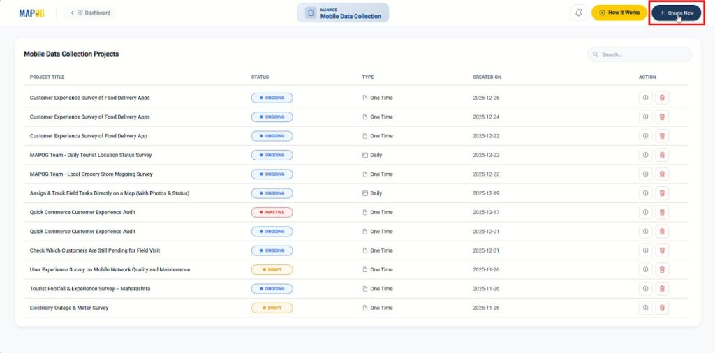 Dashboard view of MAPOG’s Mobile Data Collection module showing a list of projects, their status, type, creation dates, and available actions for managing on-ground feedback workflows.