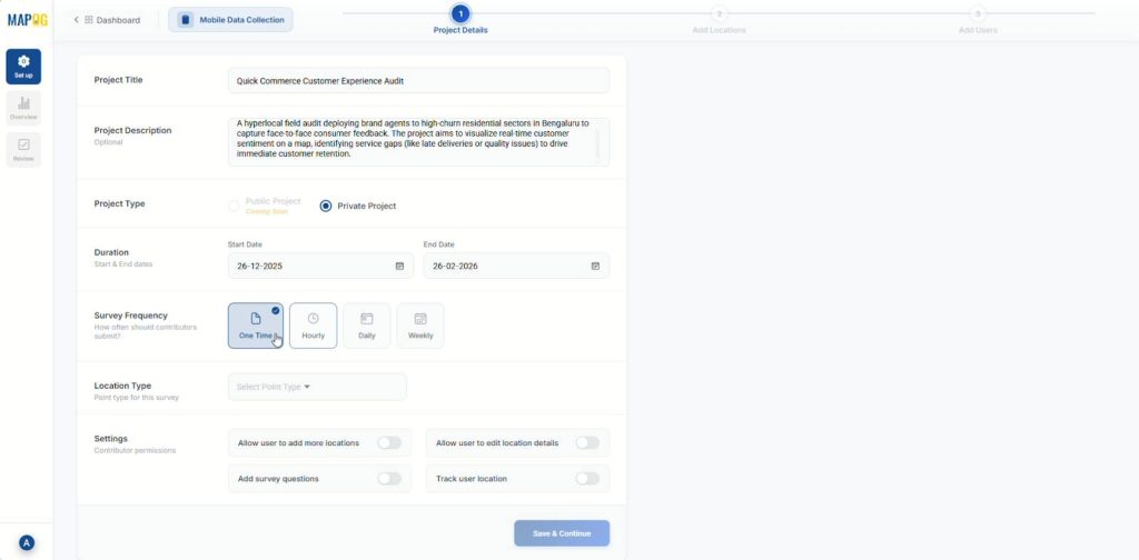 Project setup screen in MAPOG showing how teams configure a new audit by entering project details, selecting dates, and choosing location types to Collect Customer Feedback On-Ground.