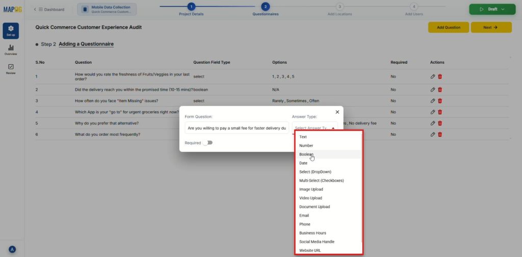 MAPOG questionnaire setup screen displaying Step 2, where users add survey questions and select answer types.