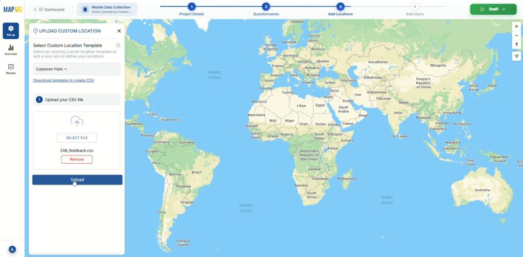 MAPOG interface showing the “Upload Custom Location” panel where users upload a CSV file with customer data.