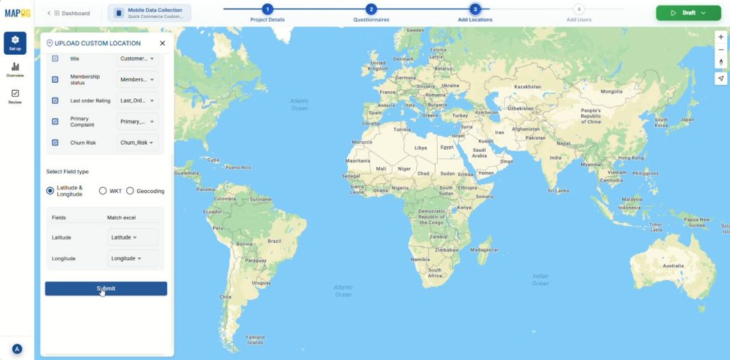 MAPOG screen mapping CSV fields to latitude and longitude to upload customer locations and Collect Customer Feedback On-Ground accurately.