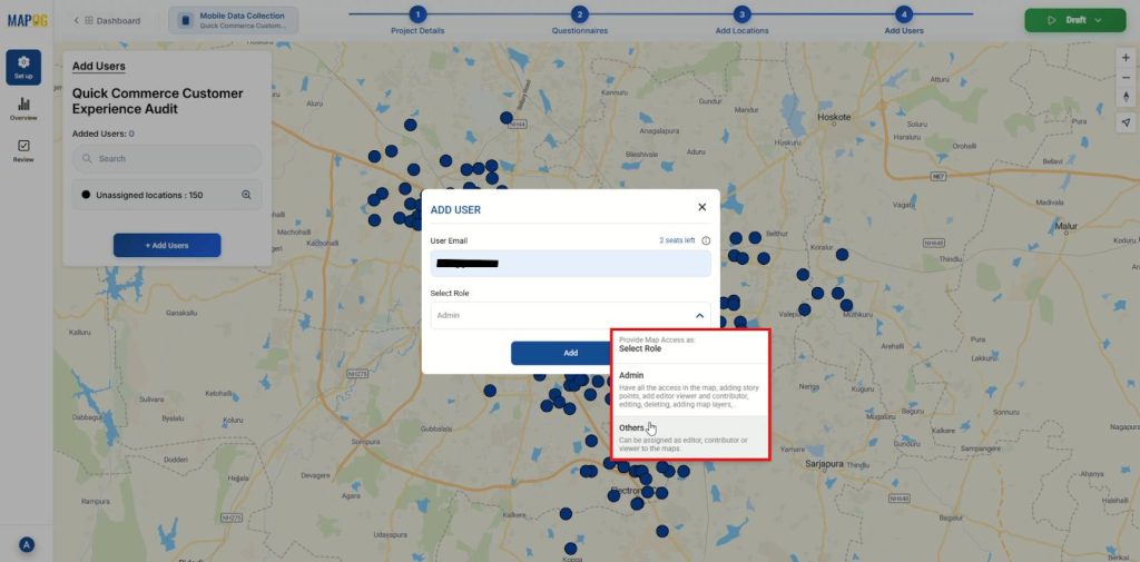 MAPOG add-user screen showing roles and mapped locations for teams assigned to Collect Customer Feedback On-Ground.