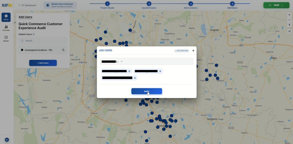MAPOG screen inviting multiple team members to join a project and help Collect Customer Feedback On-Ground.