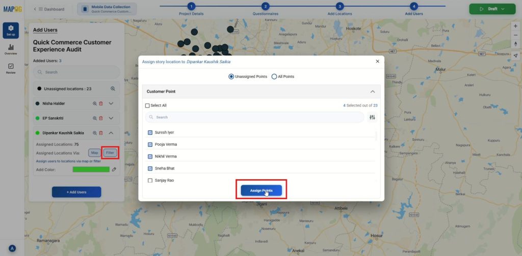 Using filter option to assign customer locations to field agents.