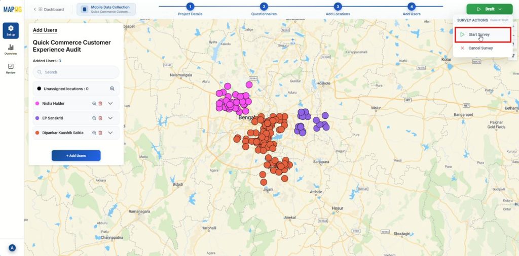 MAPOG map showing all customer locations assigned to field agents and launching the project.