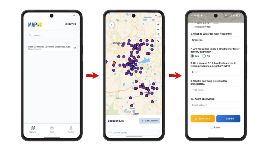 MAPOG Contributor mobile app showing survey list, map points, and on-ground feedback form for agents.