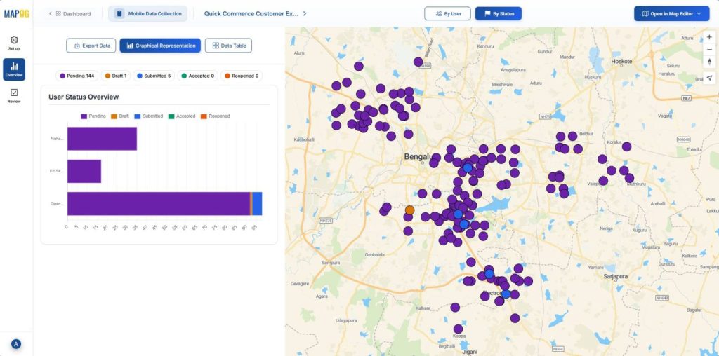 Overview dashboard showing Graphical representation of project status and mapped customer feedback points.