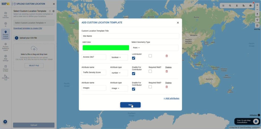 Custom location template with attribute fields setup to upload site data and Filter Your Map Data.