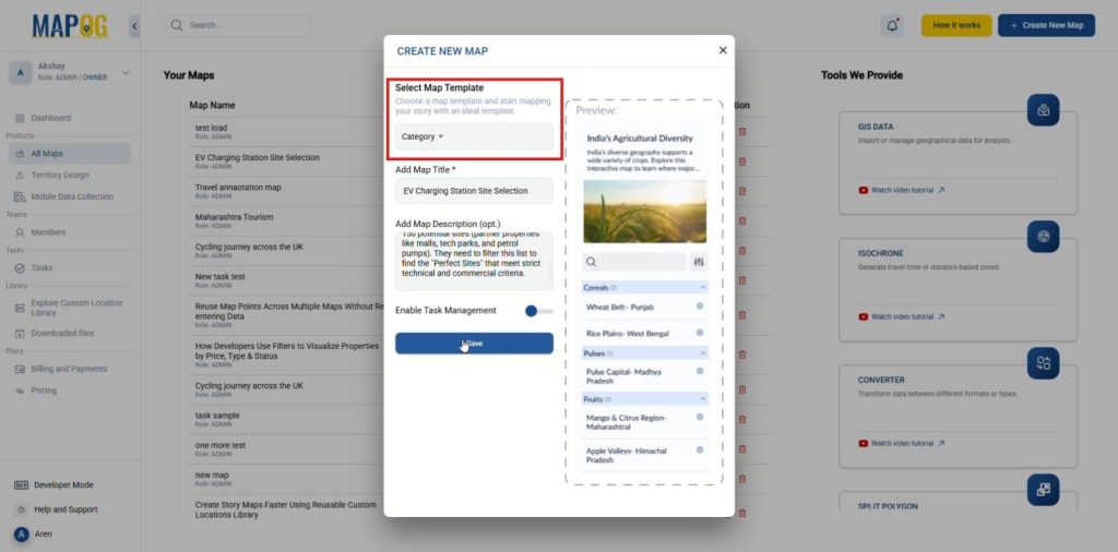 MAPOG interface showing how to start a new map project.
