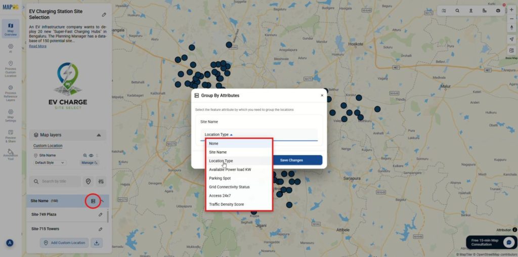 MAPOG Group by Attributes view showing how to organize site data and Filter Your Map Data.