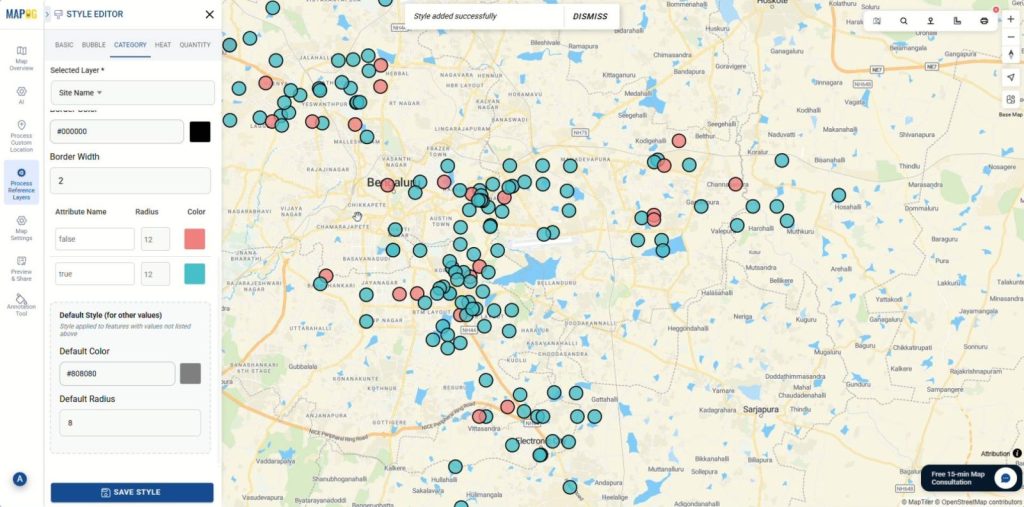 MAPOG style editor showing color-coded site locations for clearer visual interpretation.