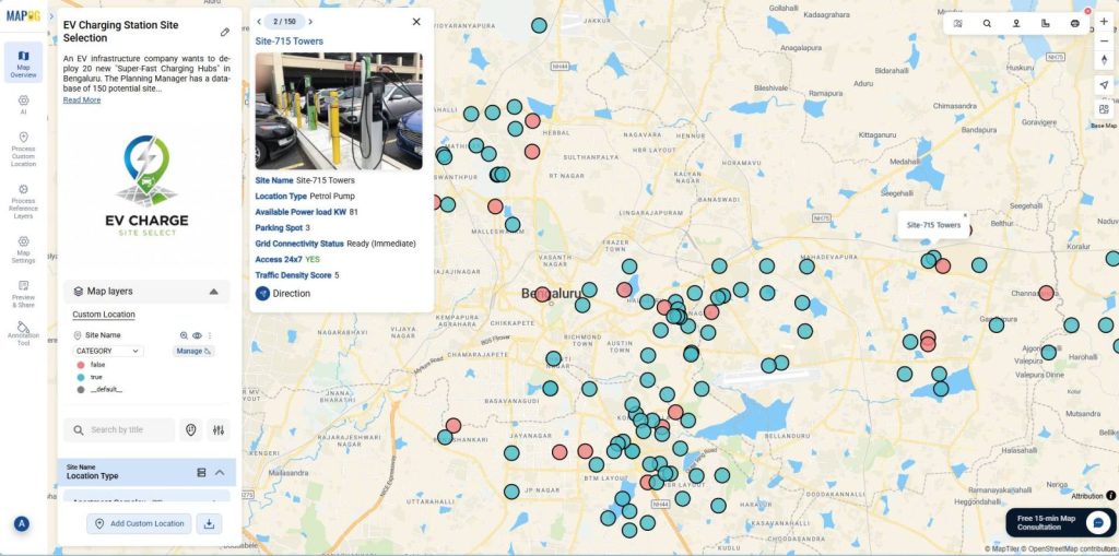 Map view showing selected EV charging site details and color-coded locations across Bengaluru.