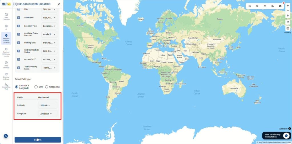 Uploading csv/Excel screen showing matching csv file column with attribute fields to prepare site data and Filter Your Map Data.