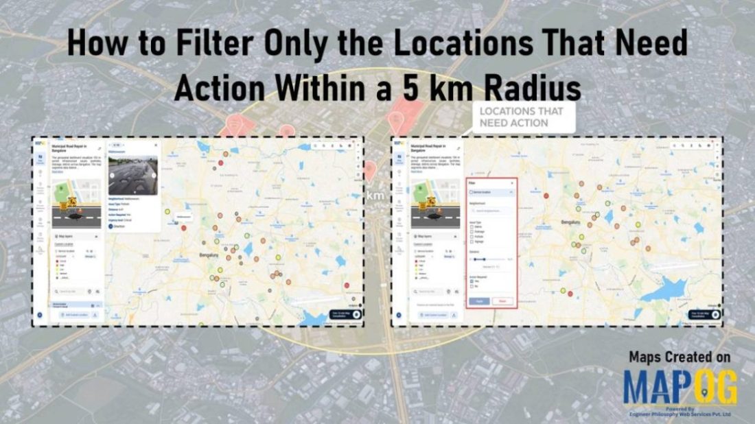 Dashboard view demonstrating how to Filter Only the Locations That Need Action within a 5 km radius on a map using proximity and status-based filters.