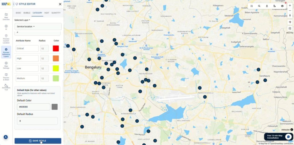 Style editor showing color-coded service locations by criticality on a city map