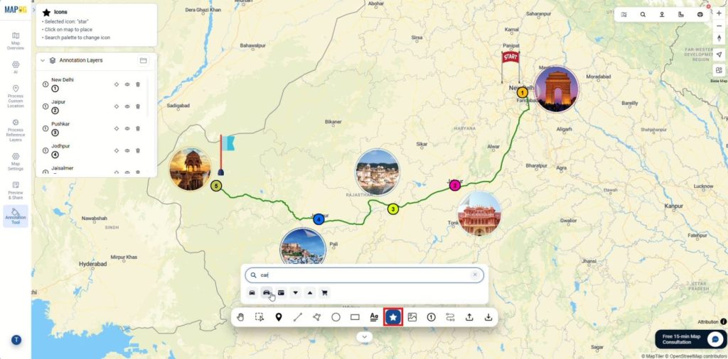 Adding meaningful symbols using icons - travel map annotation tool