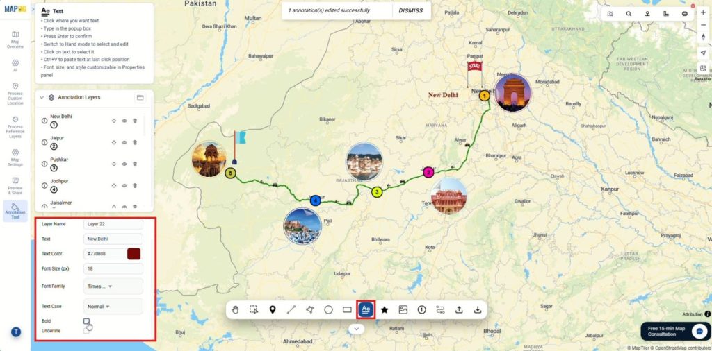 Adding texts to label key places using the label option.