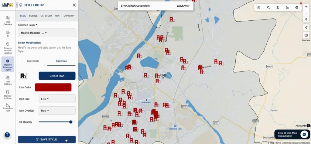 Analyze Village Healthcare Coverage with styled hospital layers