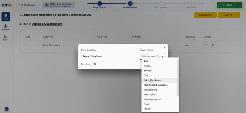 Capture Drug Inspection Data by uploading drug store locations on a map