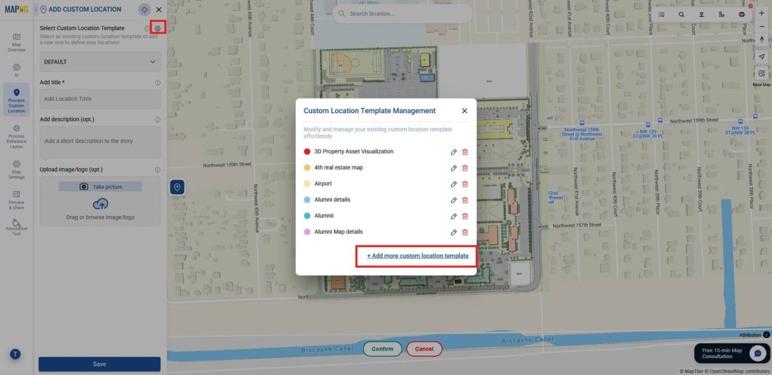 Highlights settings of custom location template and then selecting option  for creating a reusable custom location template with structured attributes for an interactive campus map for real estate projects.