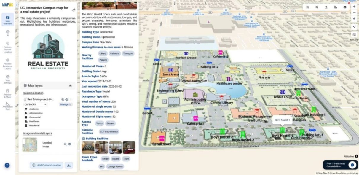 Final map output showing detail pop‑ups with images, alongside a map view enhanced by legends, labels, icons, and color coding.