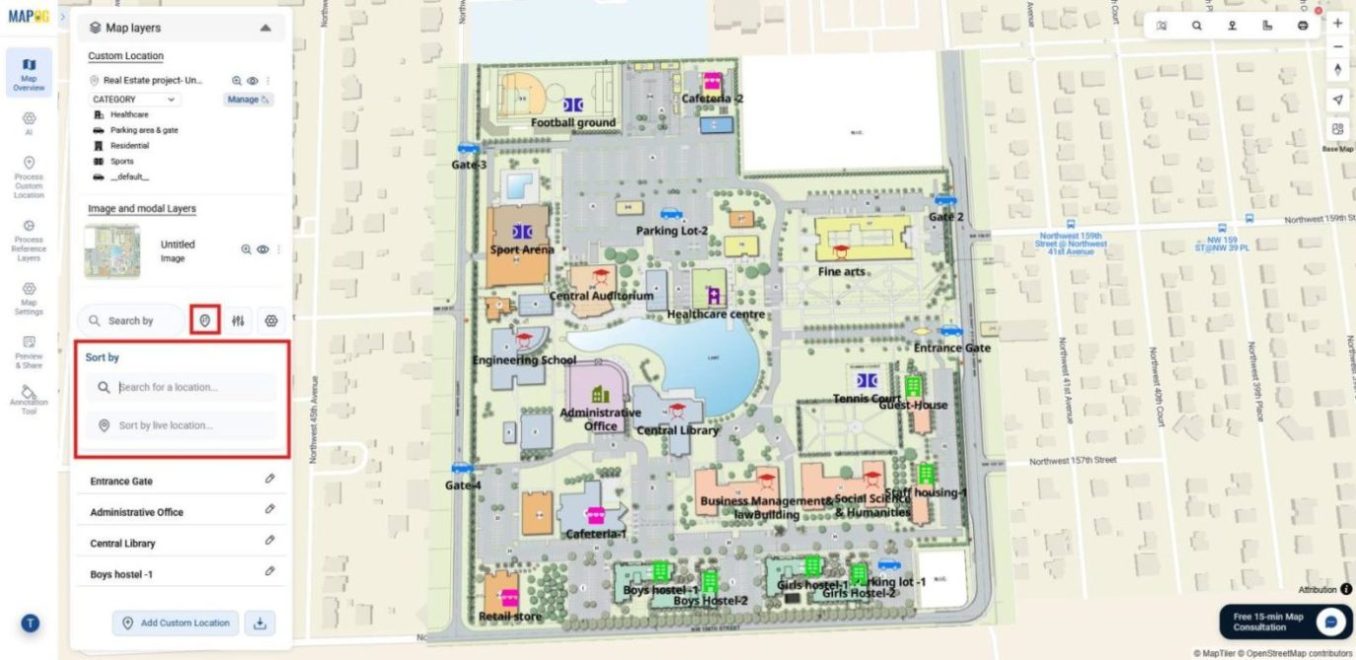 Interface showing options like search by location and sort by live location to instantly get distance between search location and map points.