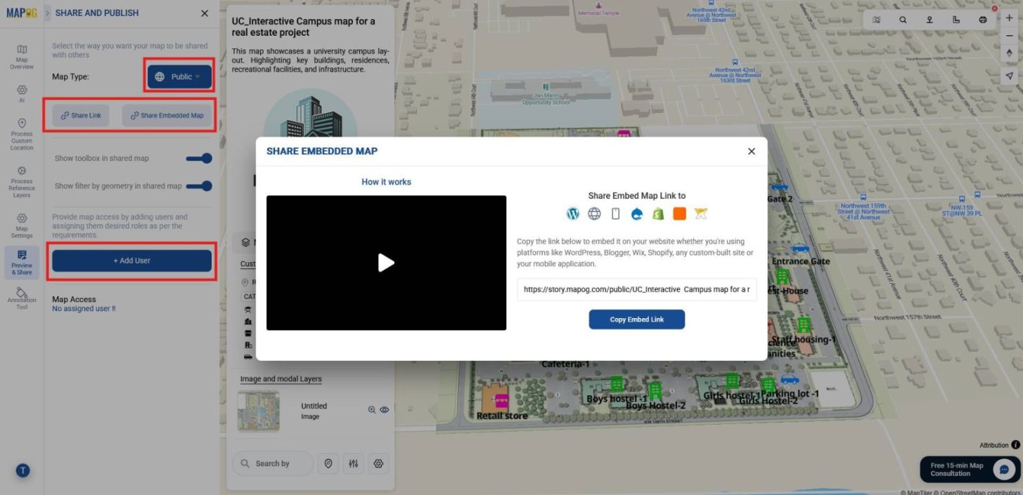 Preview and share panel demonstrating private sharing by adding users and public sharing via link or embed.