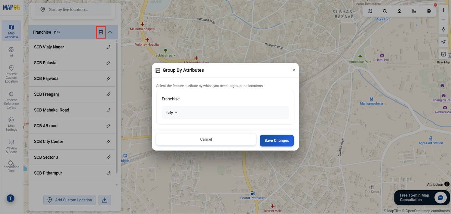 Visualize franchise Coverage Interactive map grouped by attribute