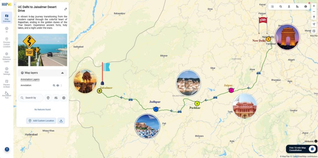 Annotated travel map to explain travel routes using map annotations.