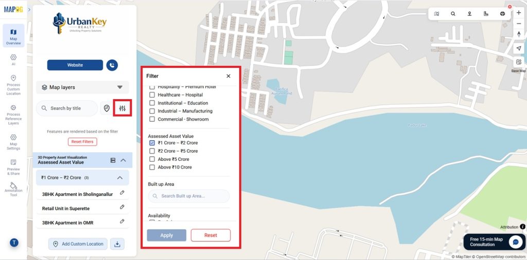 Use the filter tool to refine 3D property asset visualization.
