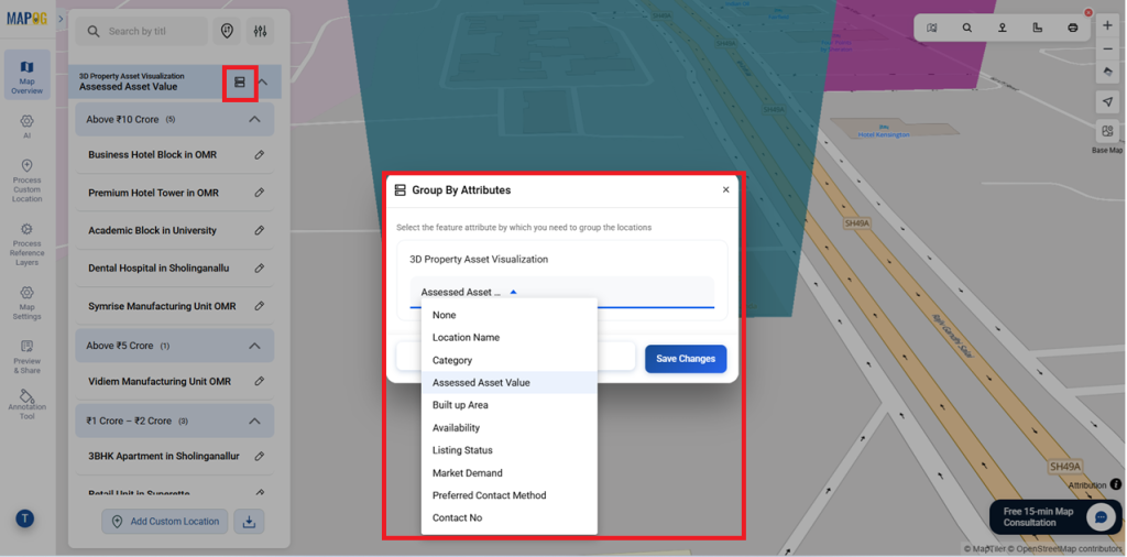 Group property assets by attributes for clearer 3D visualization.
