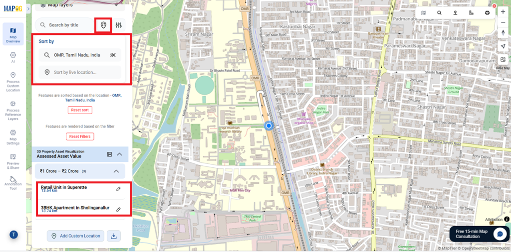 Use the sorting tool to organize 3D property asset visualization.
