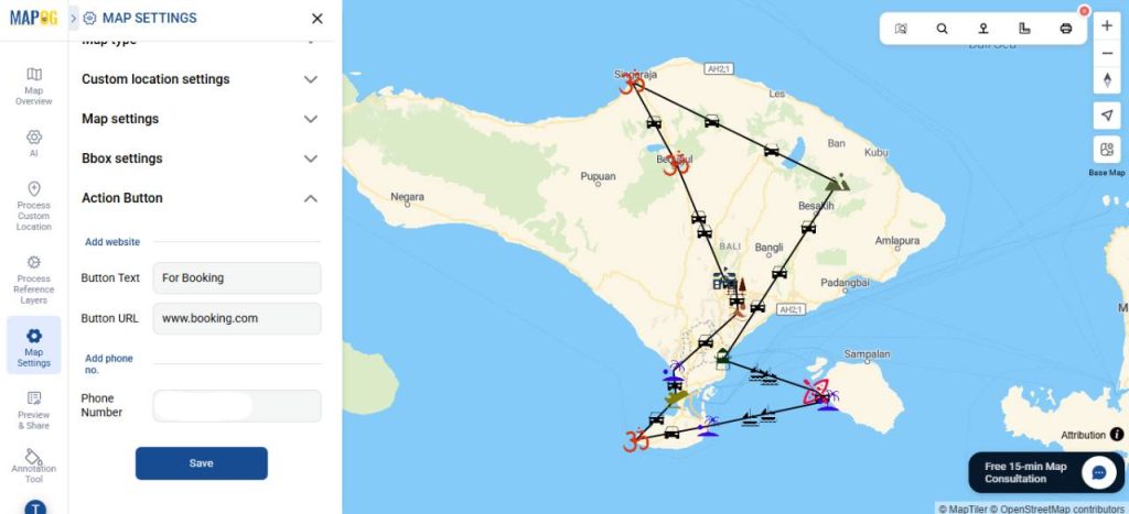 Map settings for multi day travel route map