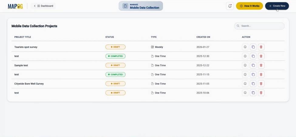 Create new project in mobile data collection