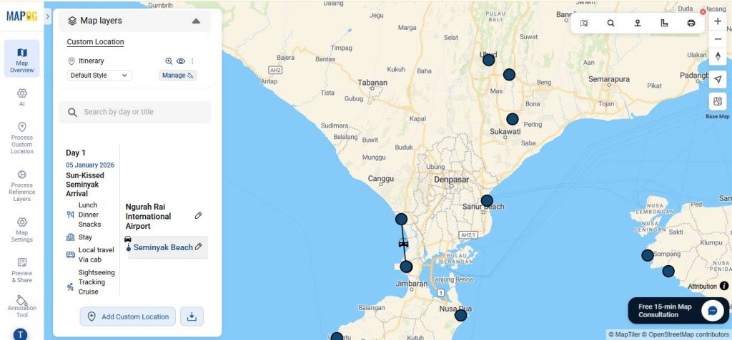 Two locations connected via location connection on multi day travel routes map
