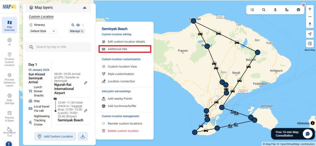 Use additional title to add itinerary with timestamps for your multi day travel routes map