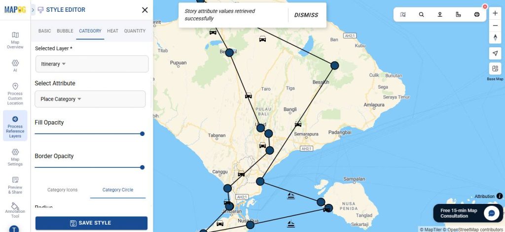Select attribute for category style to be used in your multi day travel route map
