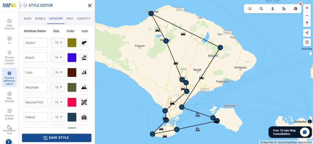 assign different colours and icons for your multi day travel routes map