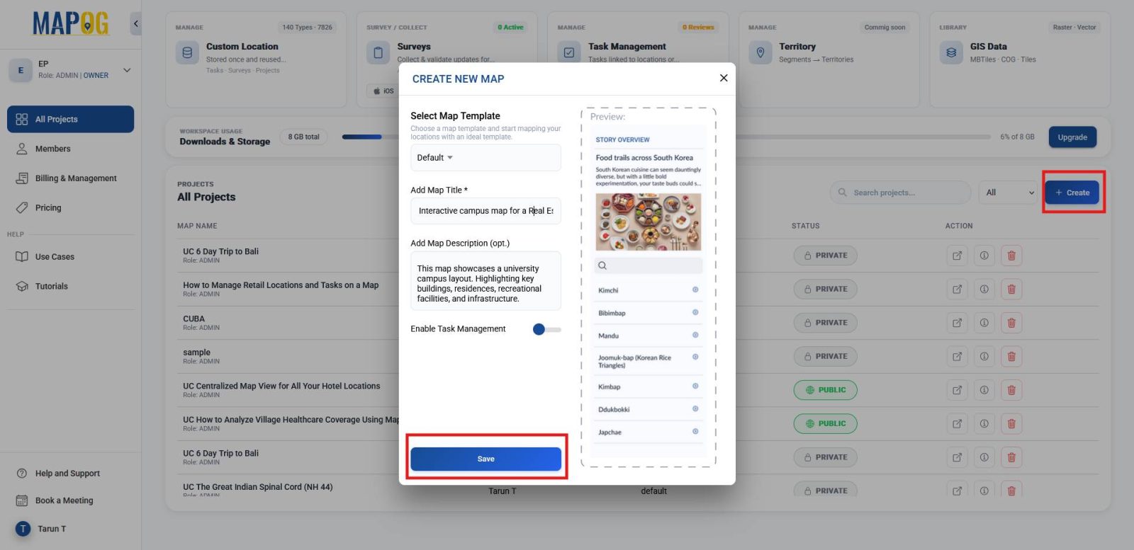 showing how to create a new map by adding a title and description before saving the project.