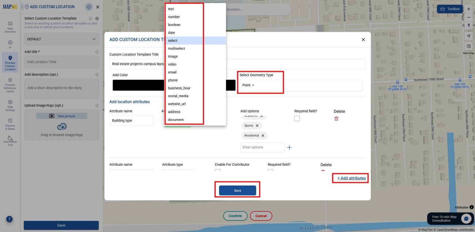 Shows selecting geometry type and adding attributes with  types like select, multiselect, boolean , number and images.