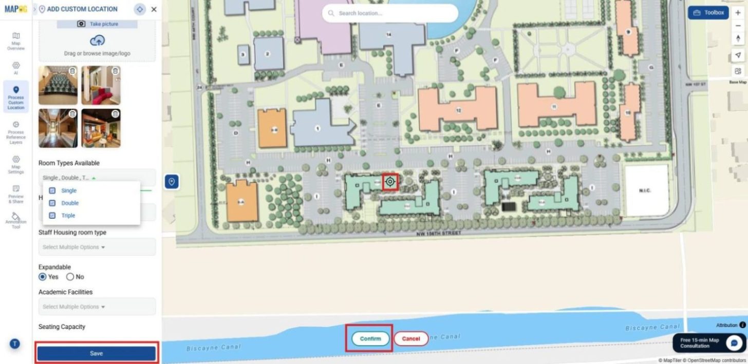 Shows Map view with a plotted point and attribute details being filled in before saving.